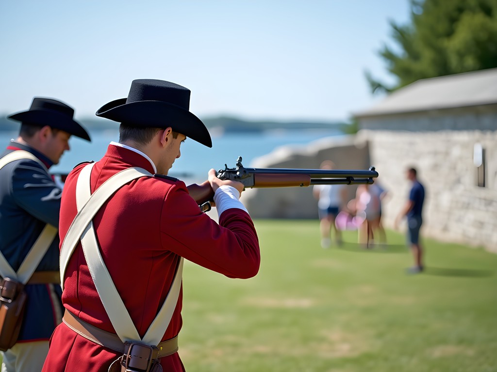 Costumed interpreters performing rifle demonstration at Fort Mackinac with Straits of Mackinac in background