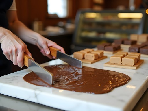 Fudge maker demonstrating traditional technique on marble slab at historic Mackinac Island fudge shop