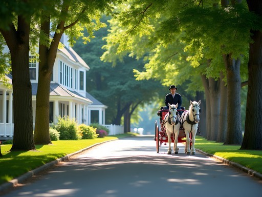 Horse-drawn carriage tour passing Victorian homes with Lake Huron in background on Mackinac Island