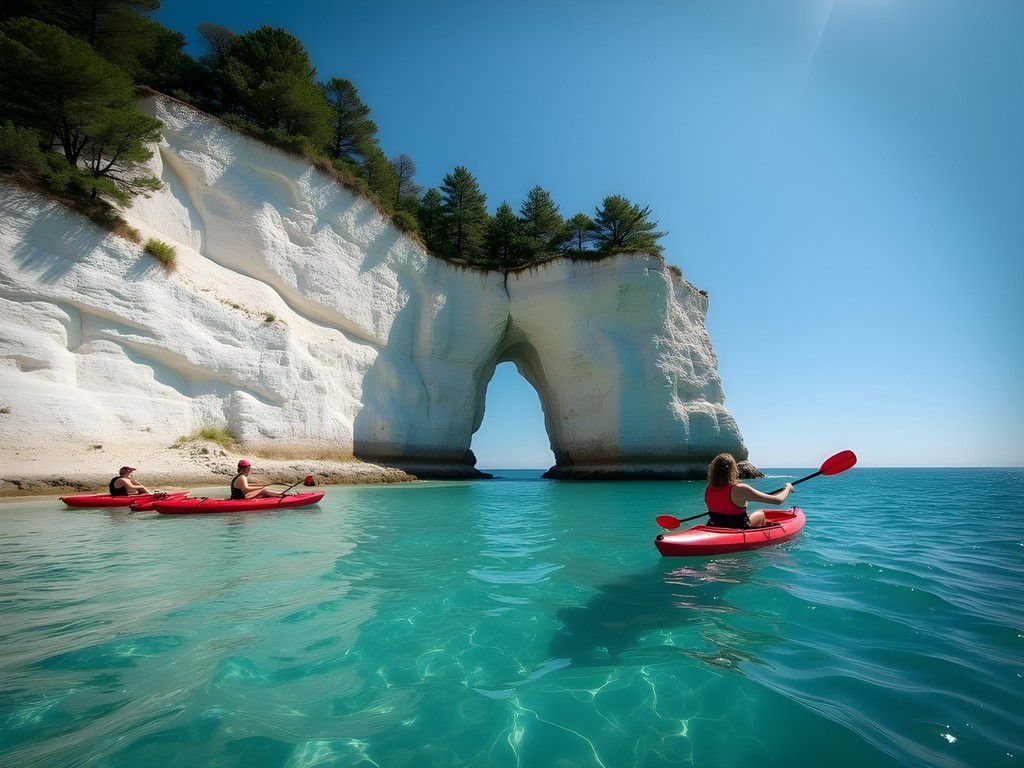 Kayaker paddling clear waters along Mackinac Island's limestone cliffs with Arch Rock visible