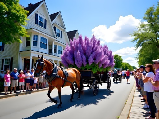 Horse-drawn carriage decorated with purple lilacs during Mackinac Island's Grand Lilac Parade with historic Main Street buildings