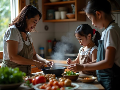 Multi-generational Filipino family cooking traditional dishes together in Manila home kitchen