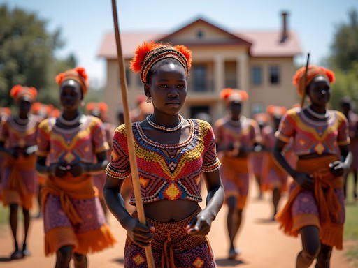 Young women in traditional attire carrying reeds during Umhlanga ceremony in Eswatini
