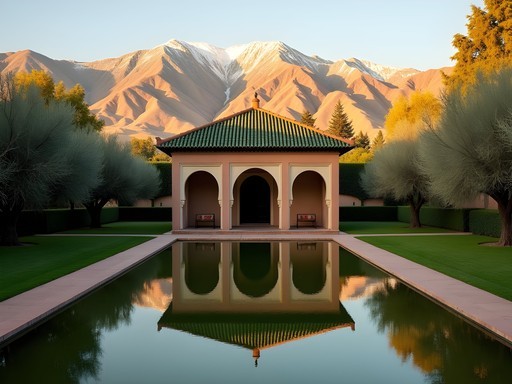 Sunrise at Menara Gardens during autumn equinox showing architectural alignments with mountains and reflections