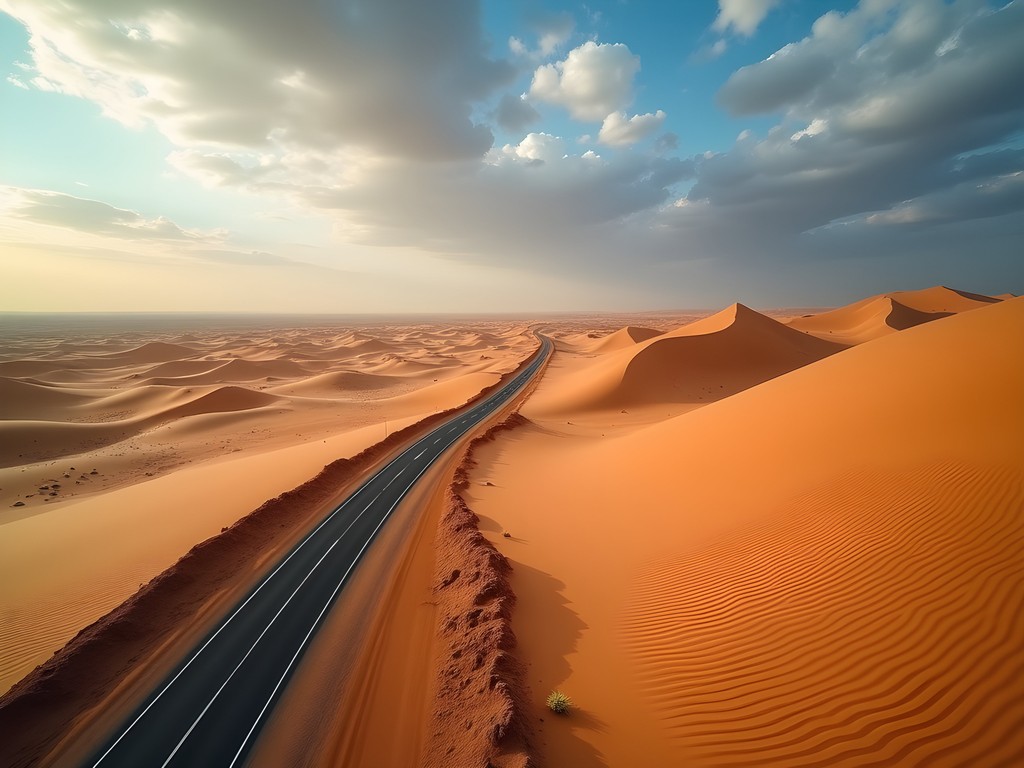 The vast Karakum Desert landscape on the road from Ashgabat to Mary in Turkmenistan