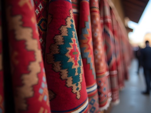 Colorful traditional Turkmen carpets and textiles at Mary bazaar in Turkmenistan
