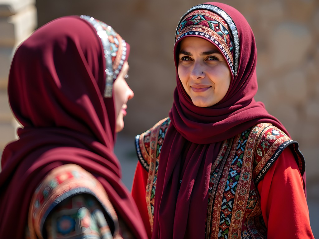 Local Turkmen women in traditional dress with elaborate headdresses in Mary, Turkmenistan