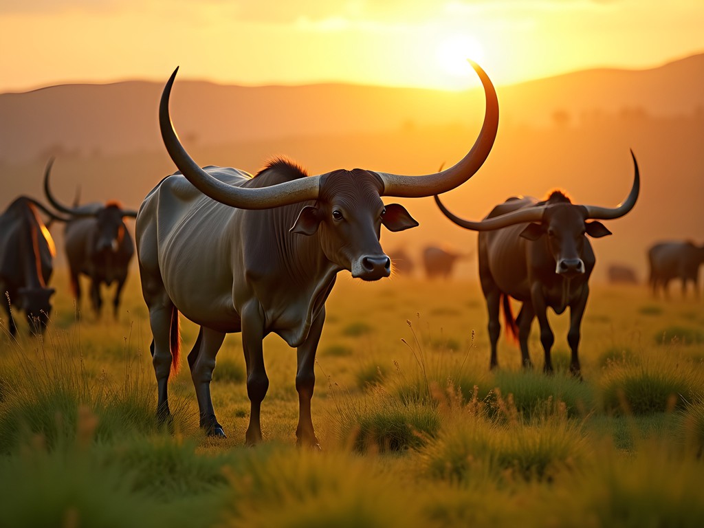 Majestic long-horned Ankole cattle grazing at sunset in Mbarara countryside