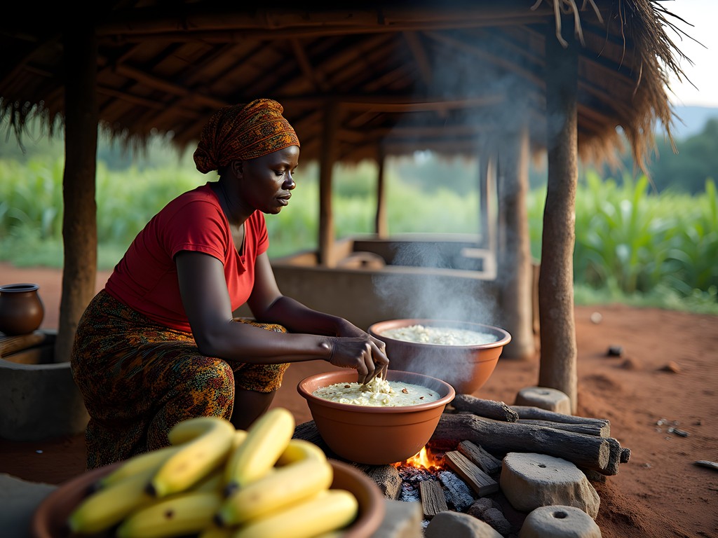 Traditional cooking lesson with Ankole family in outdoor kitchen area