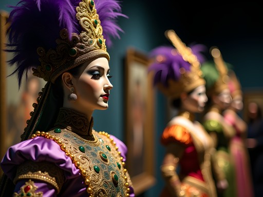 Elaborate historic Mardi Gras costumes and crowns on display at the Mobile Carnival Museum