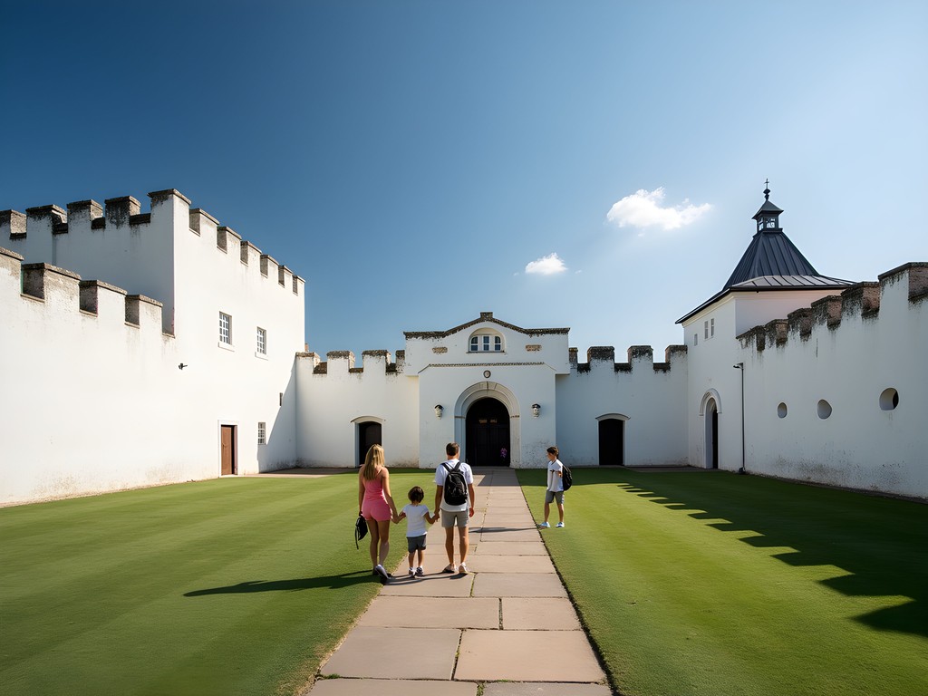 Fort Condé historic reconstruction in downtown Mobile with families exploring the grounds