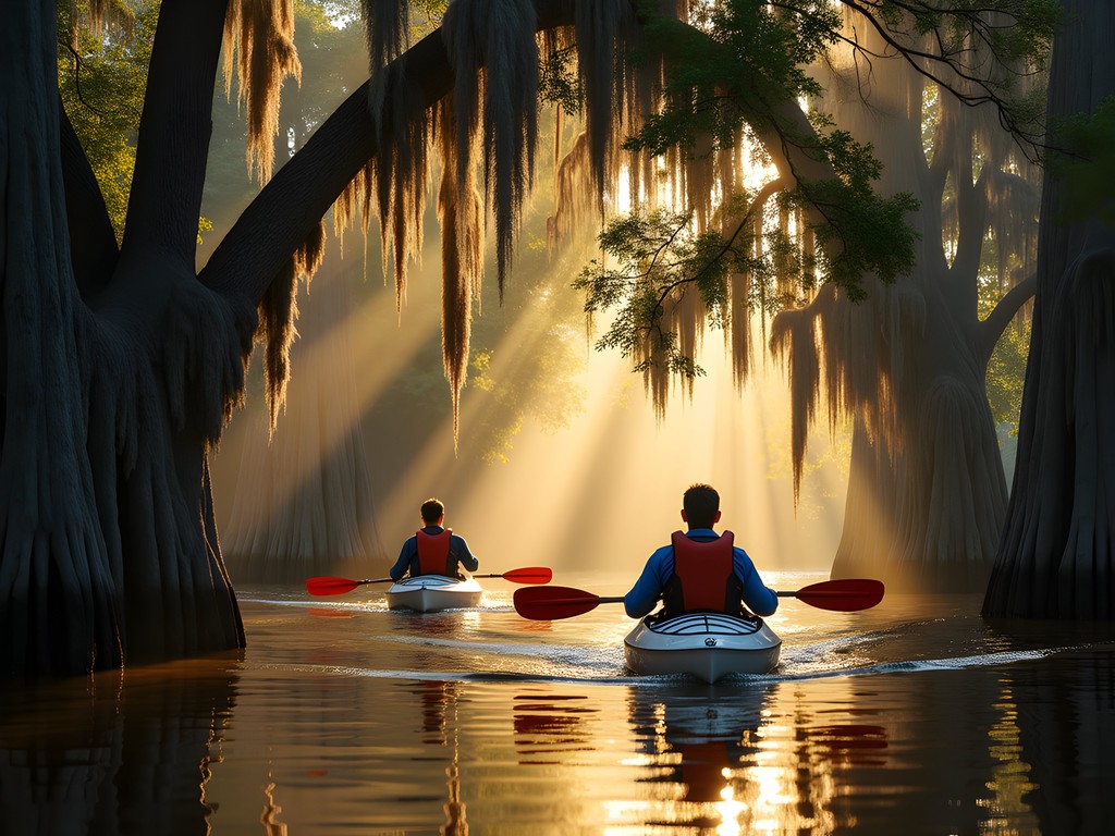Family kayaking through the cypress trees in Mobile-Tensaw Delta with Spanish moss overhead