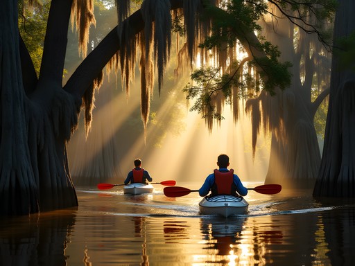 Family kayaking through the cypress trees in Mobile-Tensaw Delta with Spanish moss overhead
