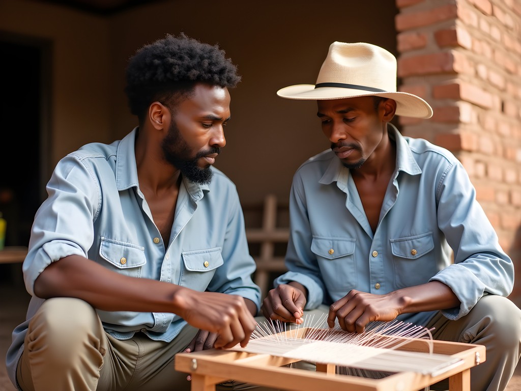 Traveler learning traditional Dogon weaving techniques from local artisan