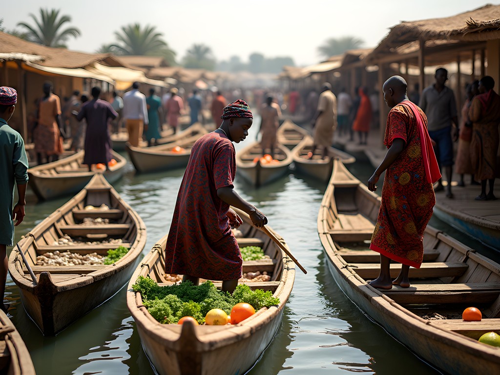 Crowded port at Grand Marché in Mopti with traditional pinasse boats and vendors