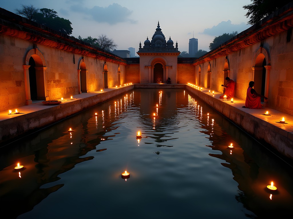 Ancient Banganga Tank at dusk with oil lamps reflecting on water during evening prayer ceremony