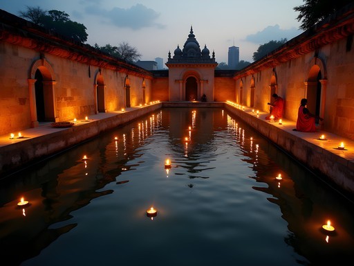 Ancient Banganga Tank at dusk with oil lamps reflecting on water during evening prayer ceremony
