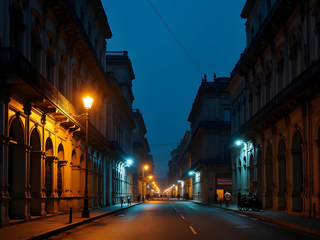 Atmospheric night view of illuminated colonial architecture in Mumbai's Colaba district with empty streets