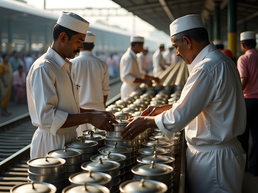Mumbai dabbawalas efficiently sorting coded metal tiffin containers at railway station during lunch delivery process