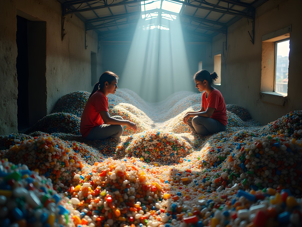 Sustainable recycling operations in Dharavi showing workers sorting colorful plastic materials
