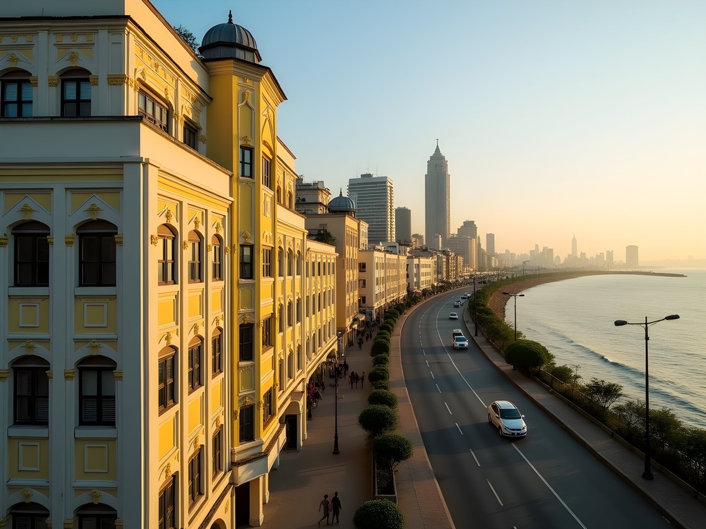Art Deco buildings along Mumbai's Marine Drive with distinctive architectural features at golden hour