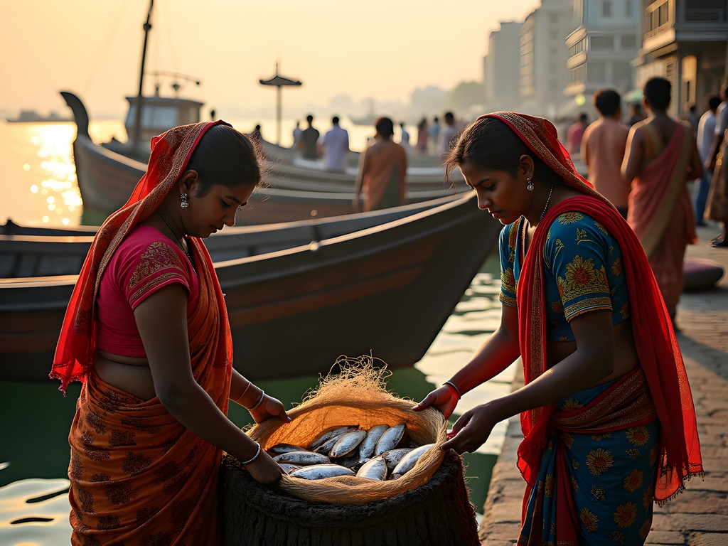 Traditional Koli fisherwomen sorting colorful catch at Sassoon Docks during sunrise