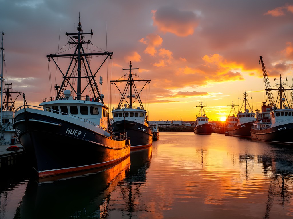 New Bedford harbor with fishing boats and scallop vessels at sunset with golden light