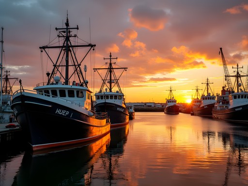 New Bedford harbor with fishing boats and scallop vessels at sunset with golden light