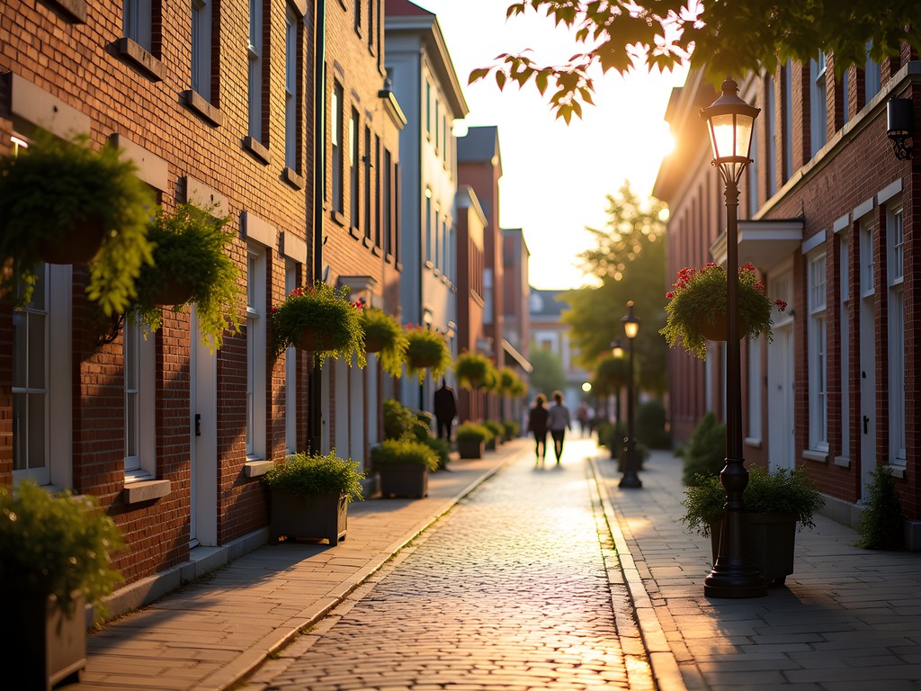 Cobblestone street in New Bedford's historic district with Federal-style buildings