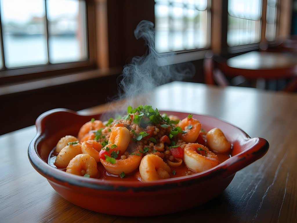 Traditional Portuguese seafood dish served in New Bedford restaurant with harbor view