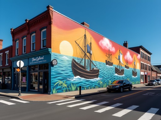 Colorful street mural depicting New Bedford's fishing heritage on brick building wall