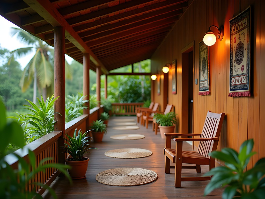 Traditional Tongan family guesthouse veranda with woven mats and tropical plants