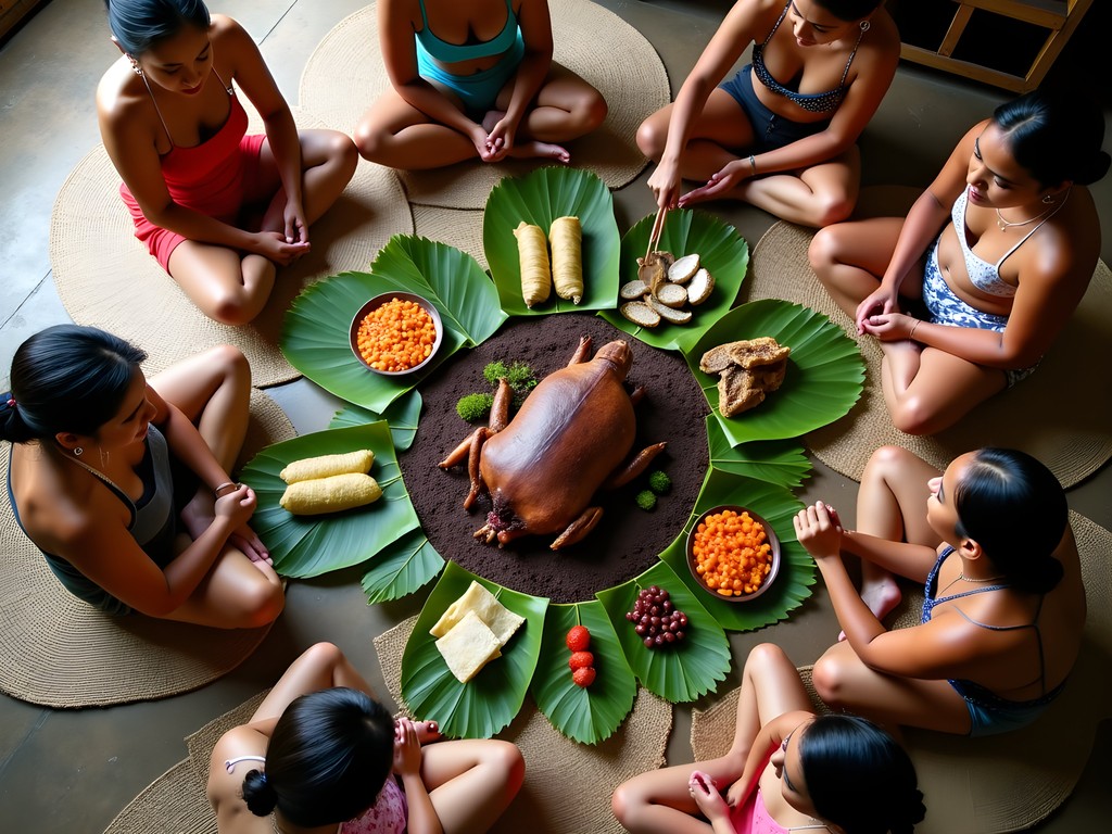 Traditional Tongan Sunday umu feast with food spread on banana leaves