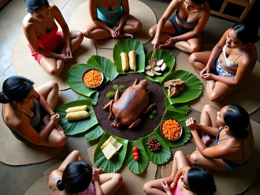Traditional Tongan Sunday umu feast with food spread on banana leaves