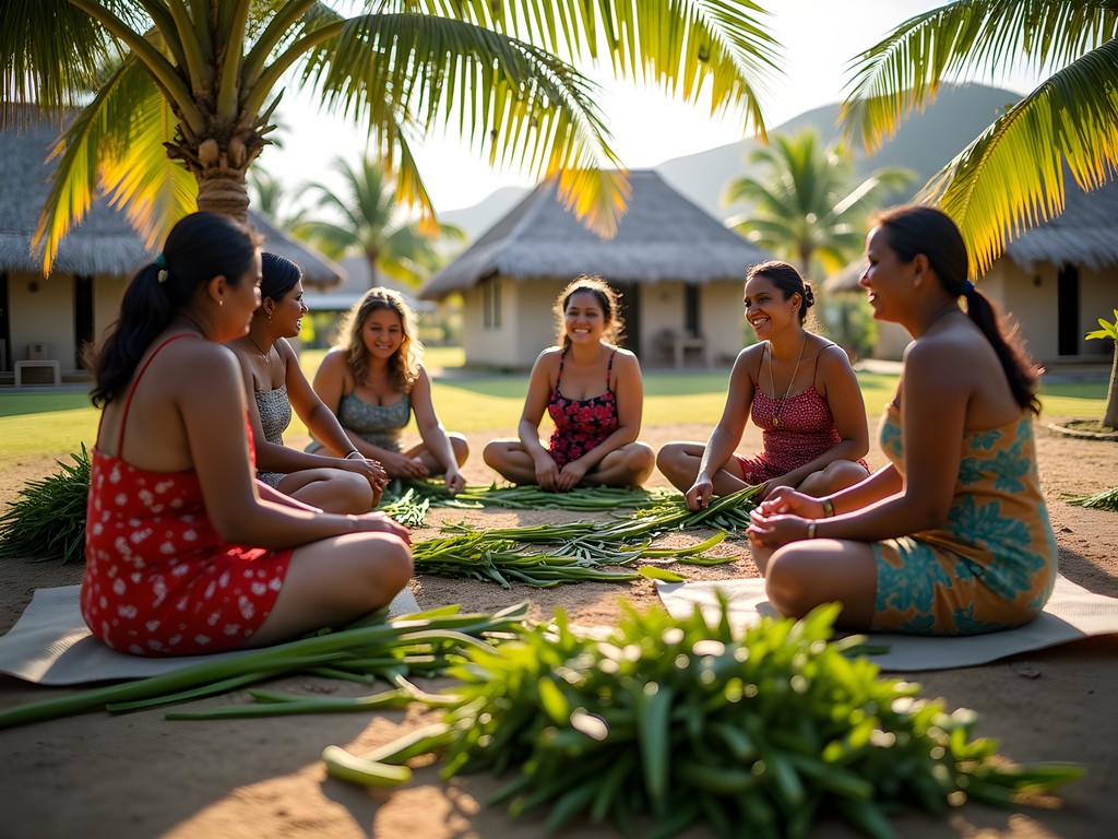 Learning traditional pandanus leaf preparation for weaving in a Tongan village