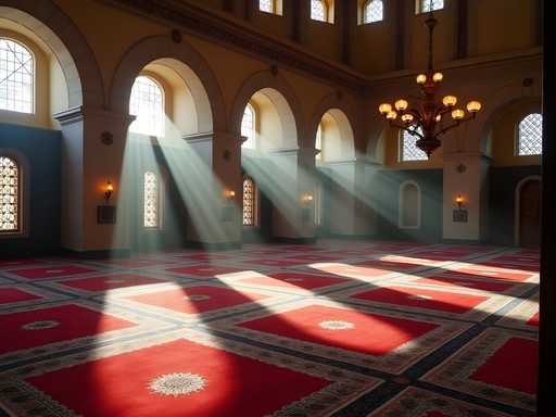 Interior of Jakovali Hassan Mosque in Pécs with sunlight streaming through windows onto prayer rugs