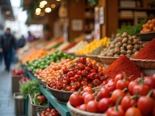 Colorful display of fresh local produce and Hungarian specialties at Pécs Market Hall