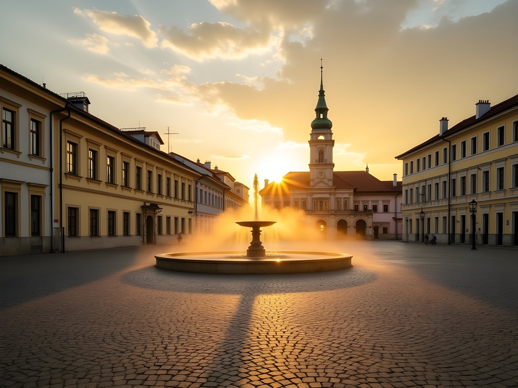 Early morning sunrise over Széchenyi Square in Pécs, Hungary with historic buildings and empty streets
