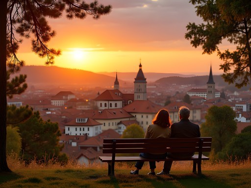 Romantic sunset view over Pécs from Tettye Park with city lights beginning to twinkle