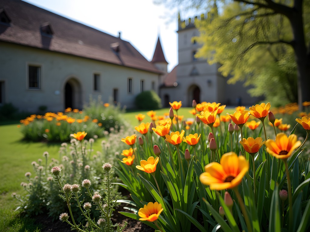 Blooming spring gardens at the Cistercian Monastery of Pécsvárad with ancient stone buildings in background