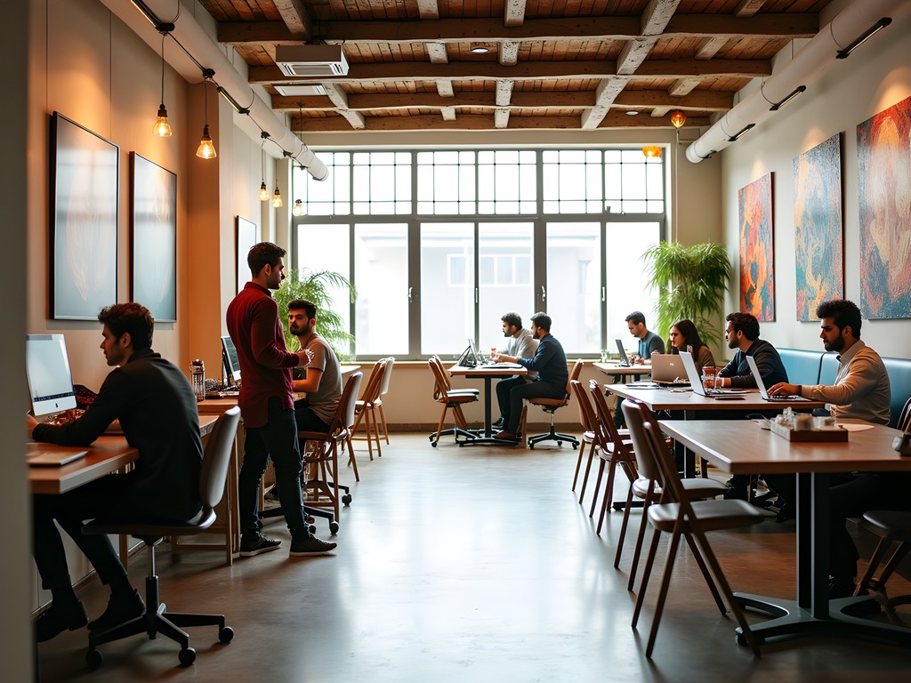 Modern coworking space in Peshawar with Pakistani entrepreneurs working at laptops