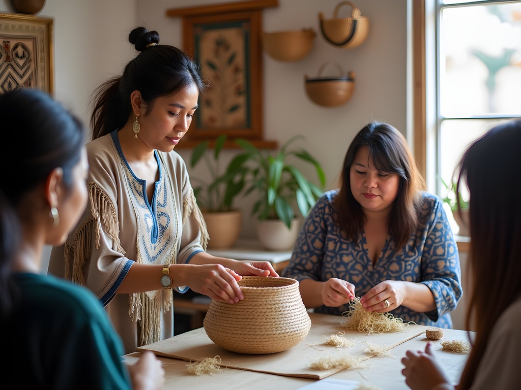 Traditional basket weaving workshop with indigenous artisan teaching techniques to participants