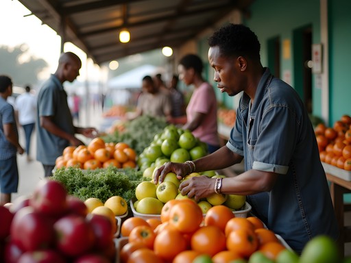 Early morning activity at Braeton Market in Portmore with vendors setting up stalls and displaying colorful produce