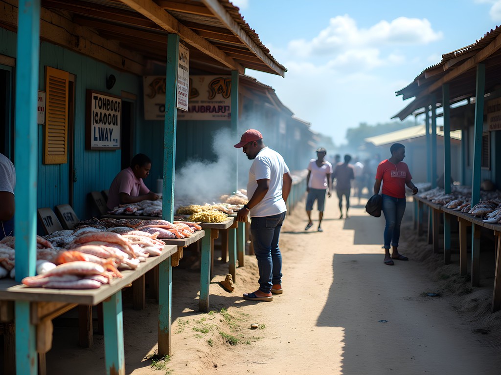 Traditional wooden seafood shacks at Hellshire Beach with local vendors preparing fresh catch