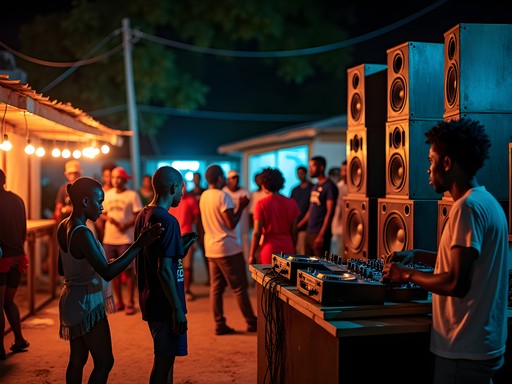 Nighttime community sound system gathering in Portmore with local residents enjoying reggae music