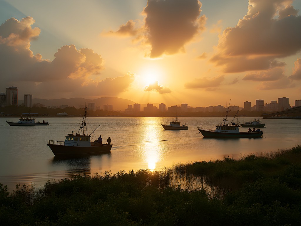 Sunrise over Portmore's waterfront with Kingston skyline visible across the harbor