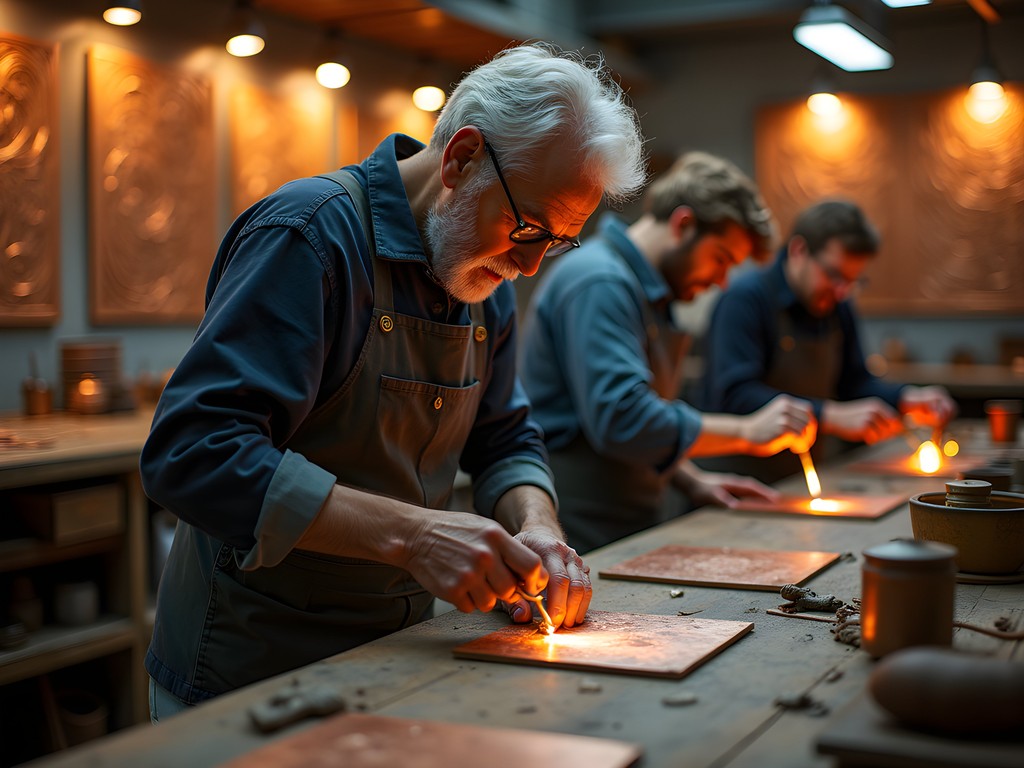 Hands-on copper art workshop with instructor demonstrating traditional repoussé technique to visitors in Quebec City