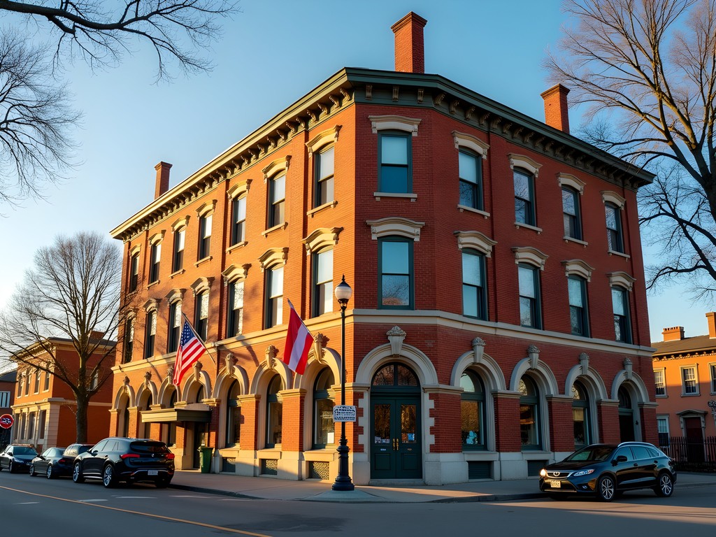 Historic Danish Brotherhood Lodge building in Racine with traditional Danish and American flags