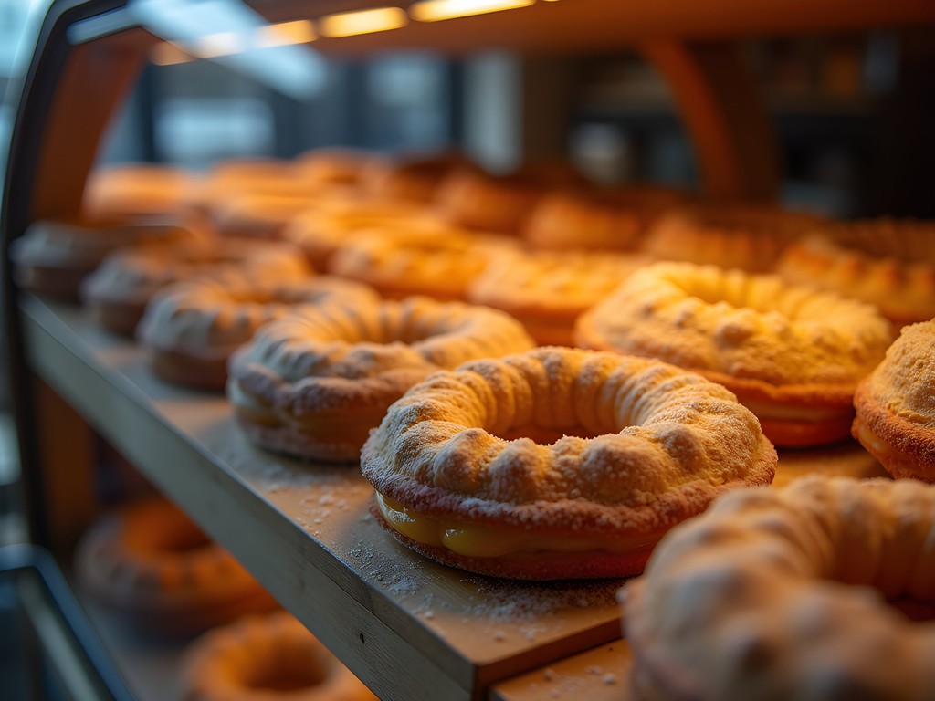 Freshly baked kringles in various flavors displayed at a traditional Racine Danish bakery