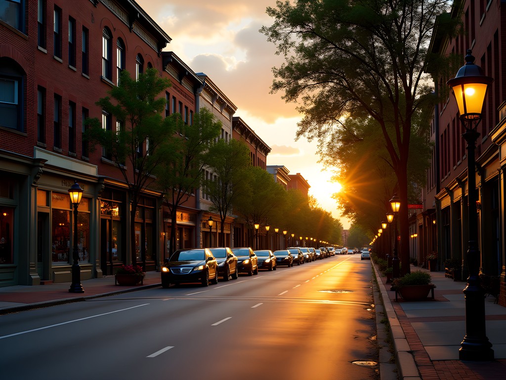 Charming Five Points neighborhood in Raleigh at sunset with historic buildings and local shops